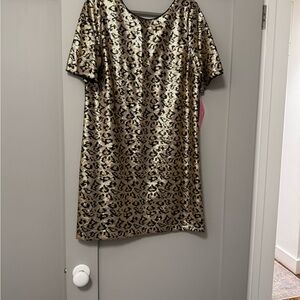 Betsy Johnson Leopard Print Sequined Short Sleeve Mini Dress